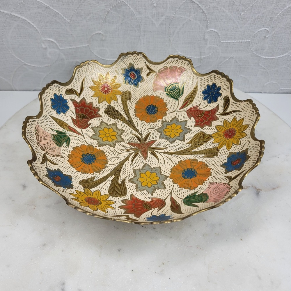 Hand Painted Brass Pedestal Bowl Trinket Floral Catch All Scalloped Rim Vintage - Picture 11 of 16